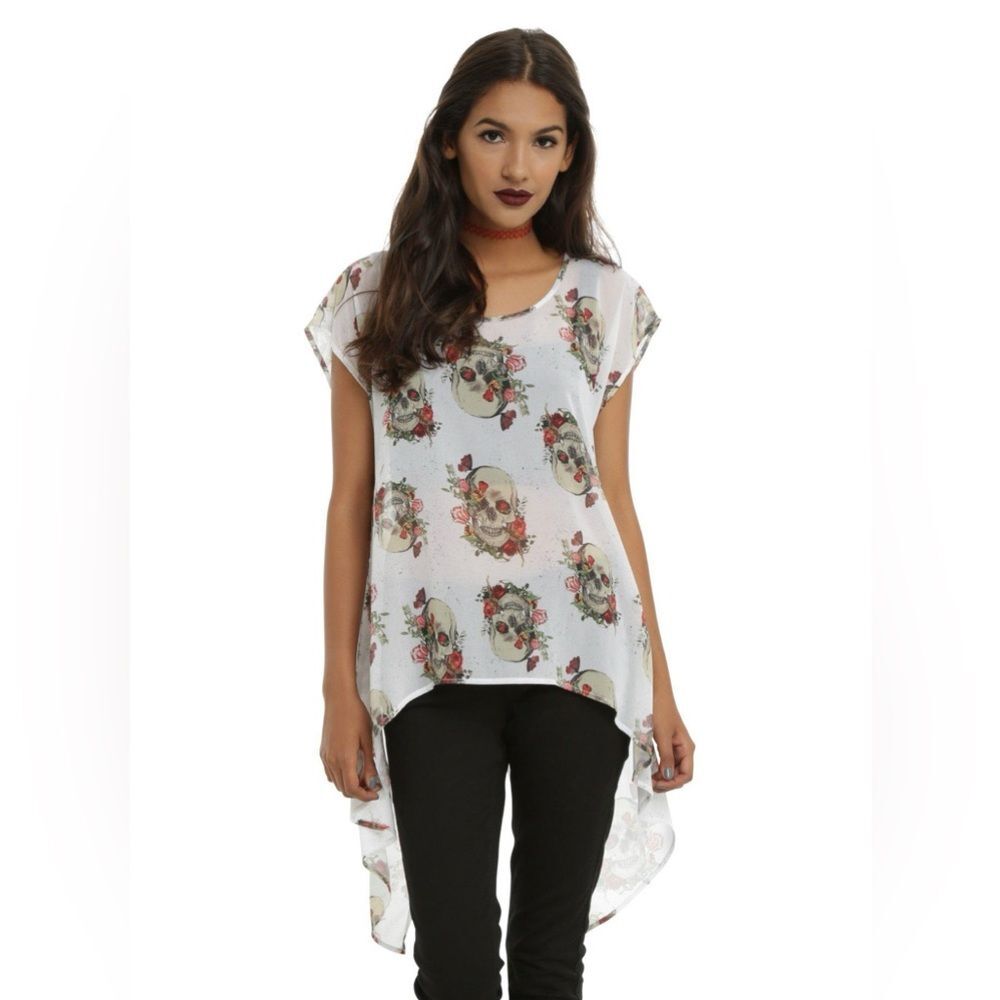 Hot Topic Floral Skull Split Back Girls Dolman Top Size XS EUC edgy sheer